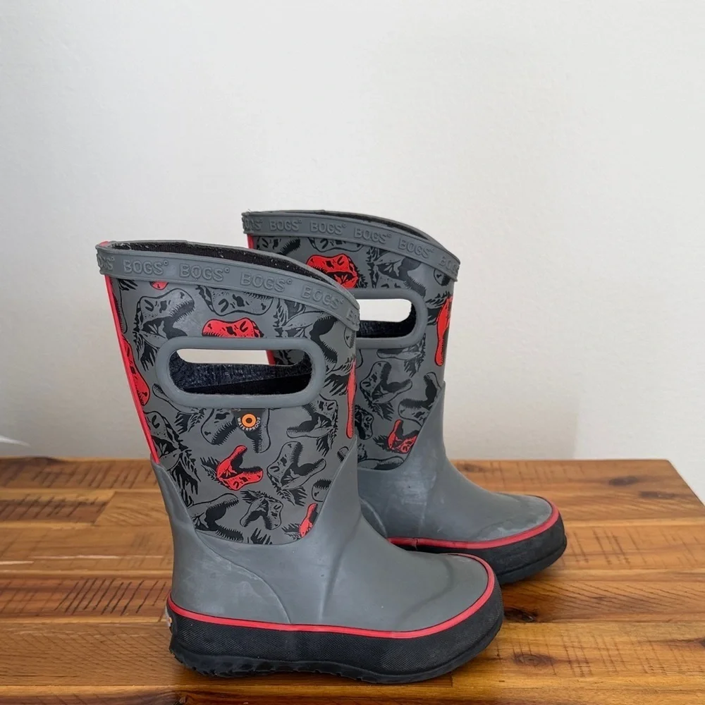 BOGS Kids Gray and Red Dinosaur Rain Boots